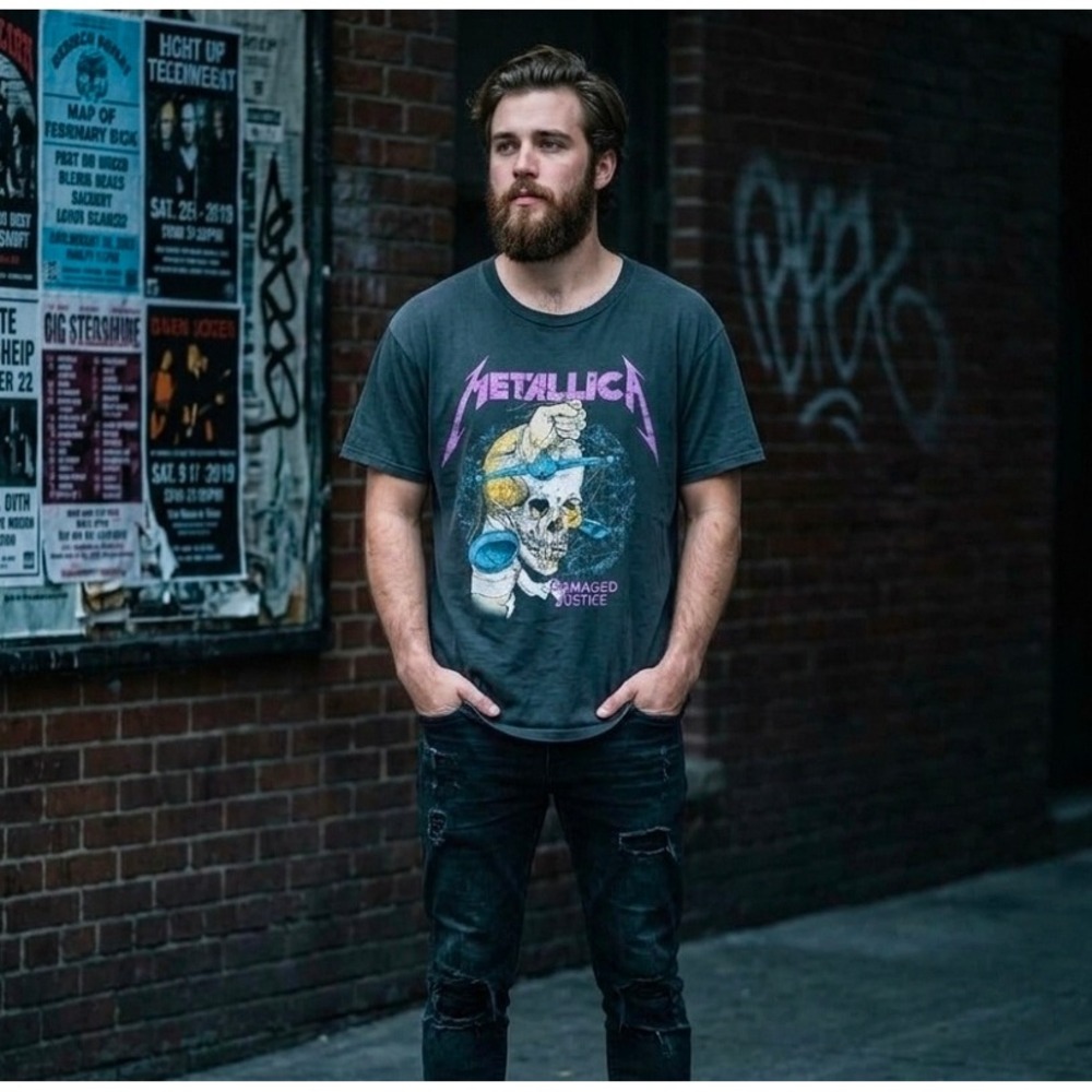 Metallica Damaged Justice Graphic T-Shirt Mens LG/XL Washed Black Skull Tee New
